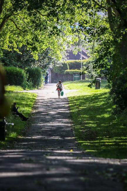 A person walking along a shaded pavement in a park, carrying a large bag or bundle of items, with lush green trees and foliage overhead creating a canopy. The paved pathway extends into the distance, where two other figures are visible further along, near a brick building partially obscured by trees and hedges. On either side of the path, there are well-maintained grassy areas with sunlight filtering through the leaves, casting dappled shadows. The scene is calm and natural, suggesting an outdoor environment where waste or rubbish collection could be integrated with community or private disposal services, supported subtly by the presence of the person possibly involved in clearing or transportation activities. The overall atmosphere is bright and tranquil, with a balance of natural and human elements typical of urban parks managed in conjunction with waste management services like Rubbish Removal Hackney.